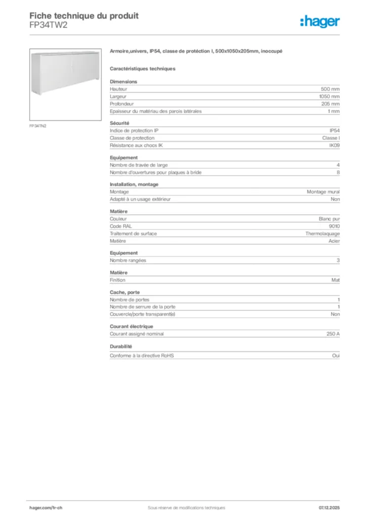 Image Hager Fiche technique du produit FP34TW2 | Hager Suisse