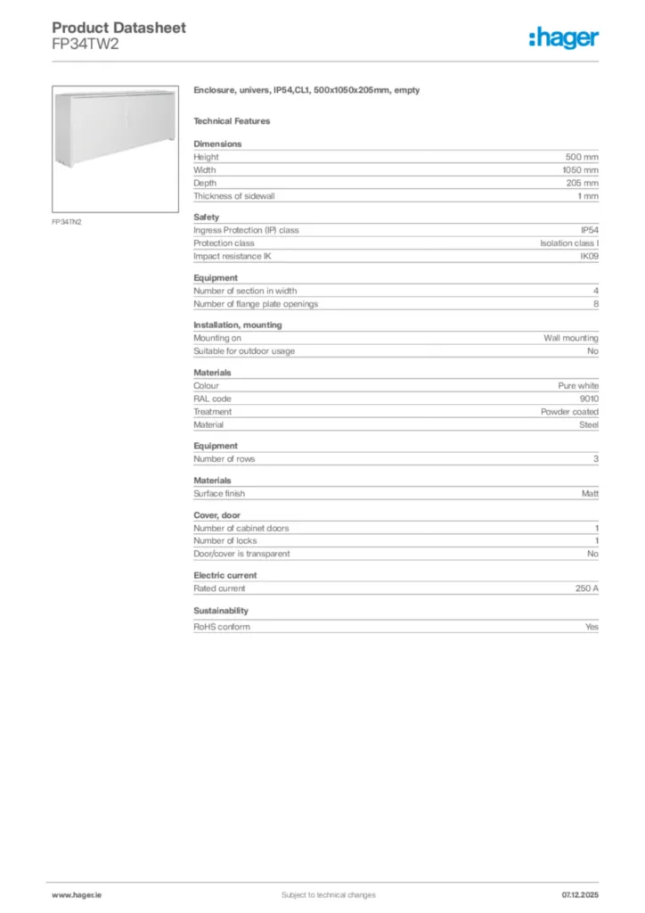 Image Hager Product data sheet FP34TW2  | Hager