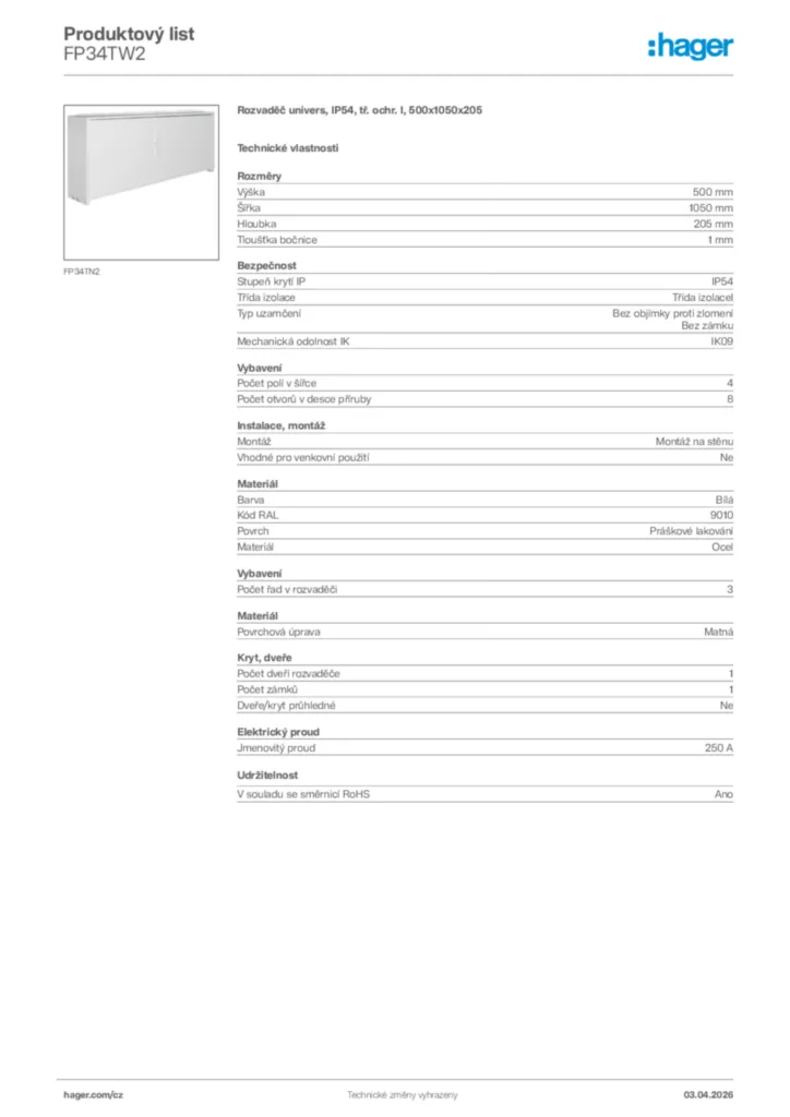 Obrázek Hager Product data sheet FP34TW2 | Hager