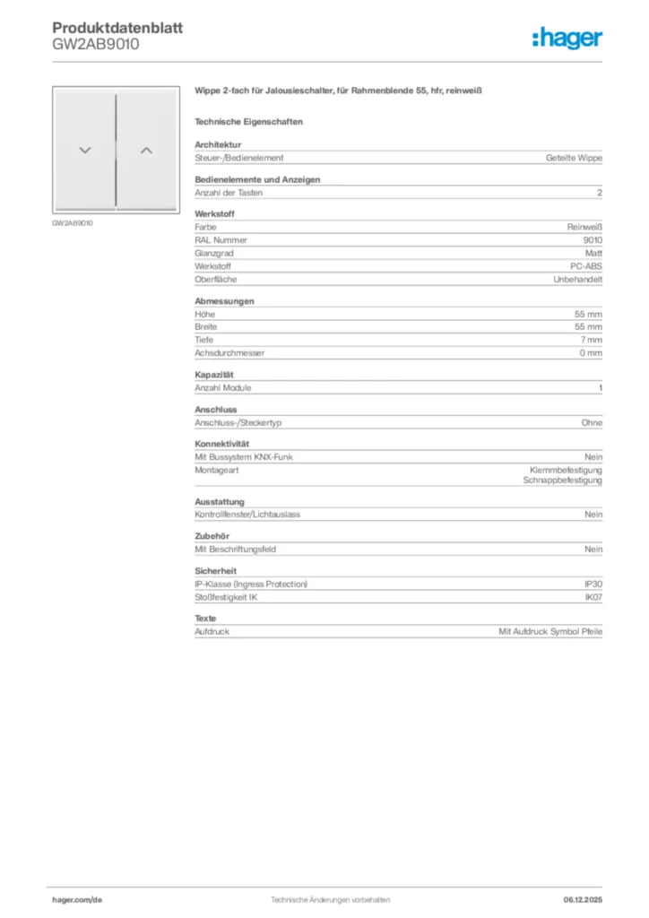 Bild Hager Produktdatenblatt GW2AB9010 | Hager Deutschland