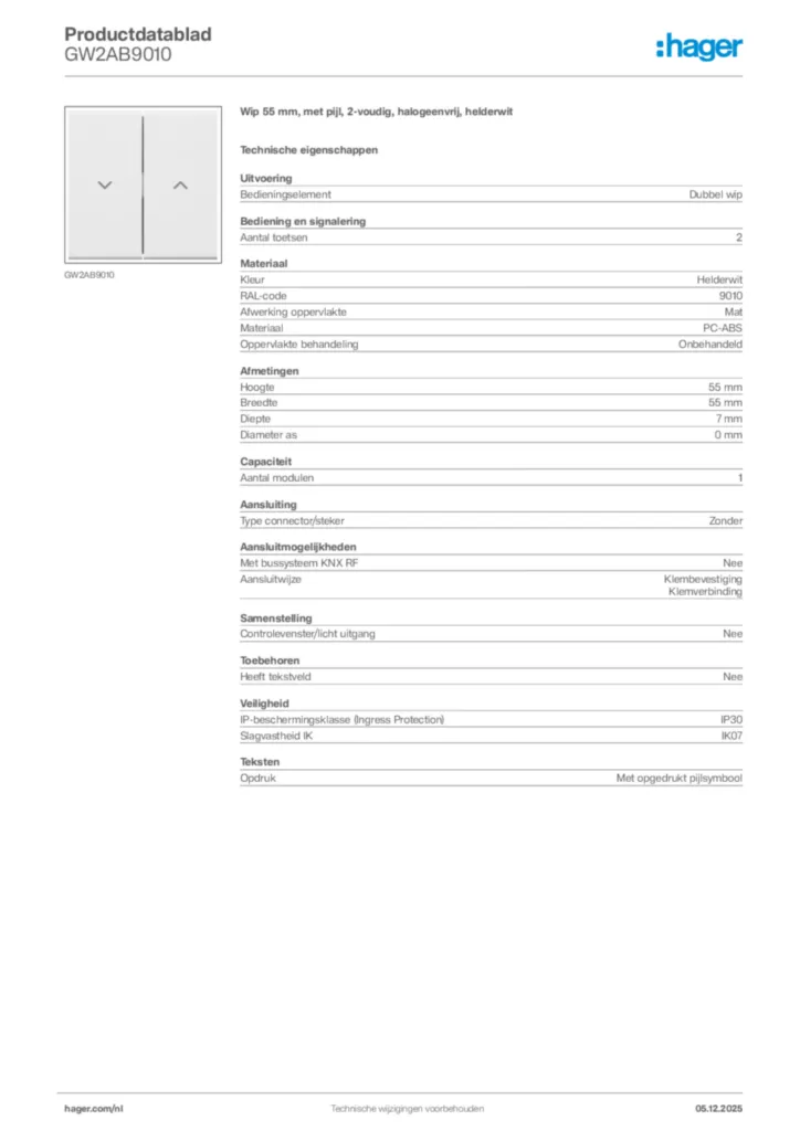 Afbeelding Hager Productdatablad GW2AB9010 | Hager Nederland