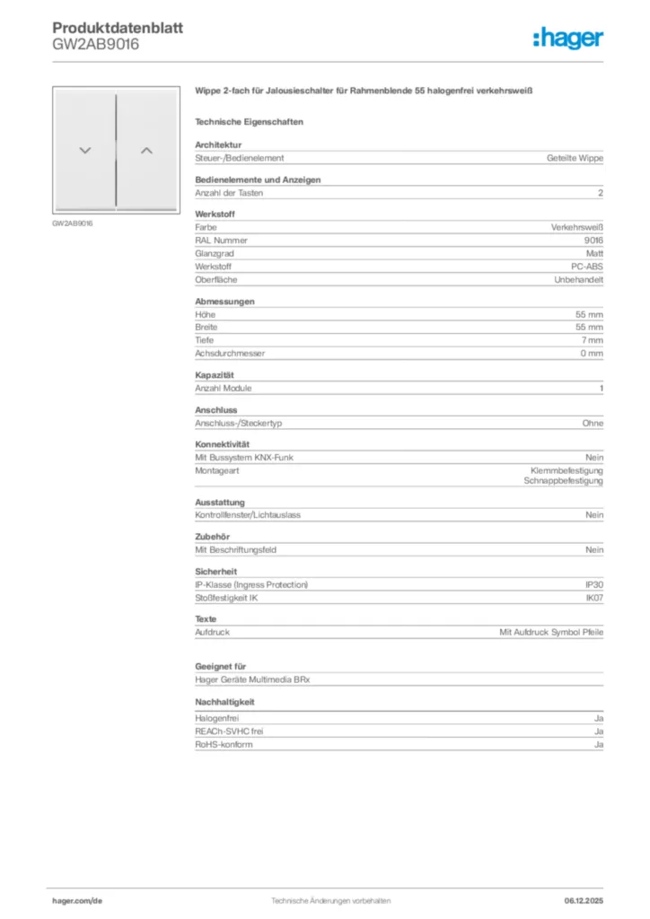 Hager Produktdatenblatt GW2AB9016