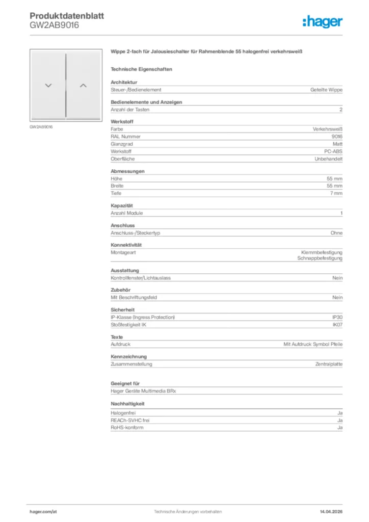 Bild Hager Produktdatenblatt GW2AB9016 | Hager Deutschland
