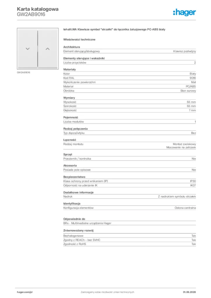 Zdjęcie Hager Karta katalogowa GW2AB9016 | Hager Polska