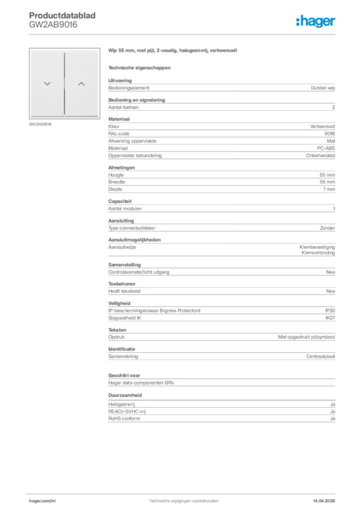 Afbeelding Hager Productdatablad GW2AB9016 | Hager Nederland