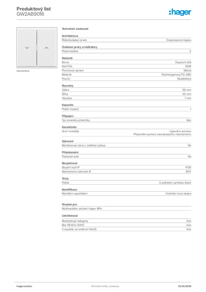 Obrázek Hager Product data sheet GW2AB9016 | Hager