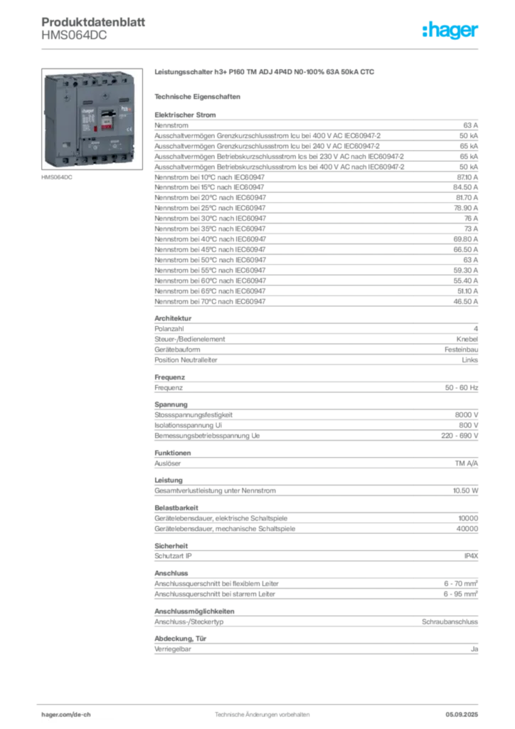 Bild Hager Produktdatenblatt HMS064DC | Hager Schweiz
