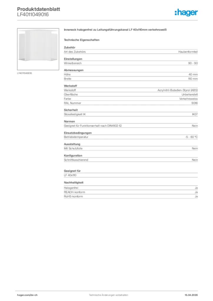 Bild Hager Produktdatenblatt LF4011049016 | Hager Schweiz