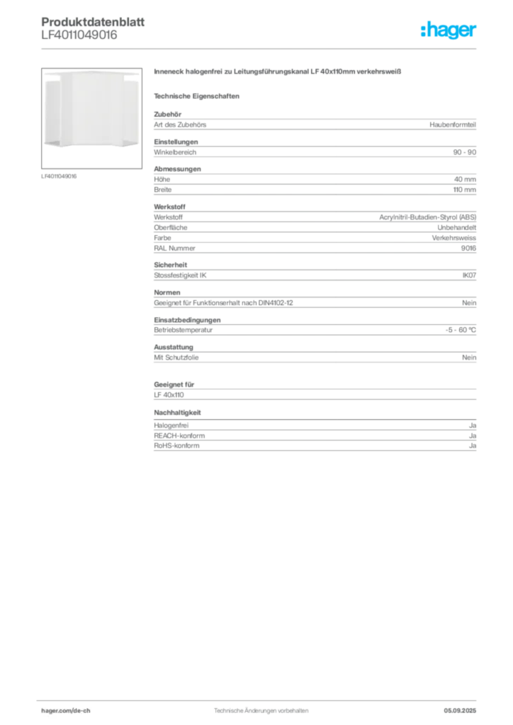 Bild Hager Produktdatenblatt LF4011049016 | Hager Schweiz
