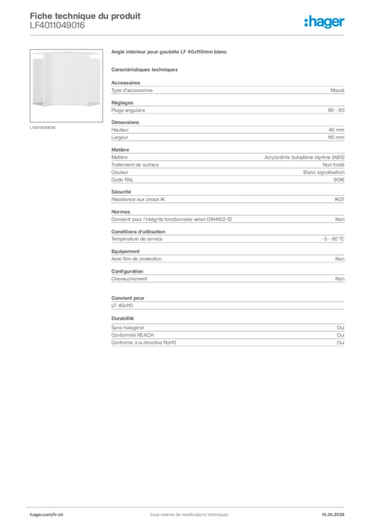 Image Hager Fiche technique du produit LF4011049016 | Hager Suisse