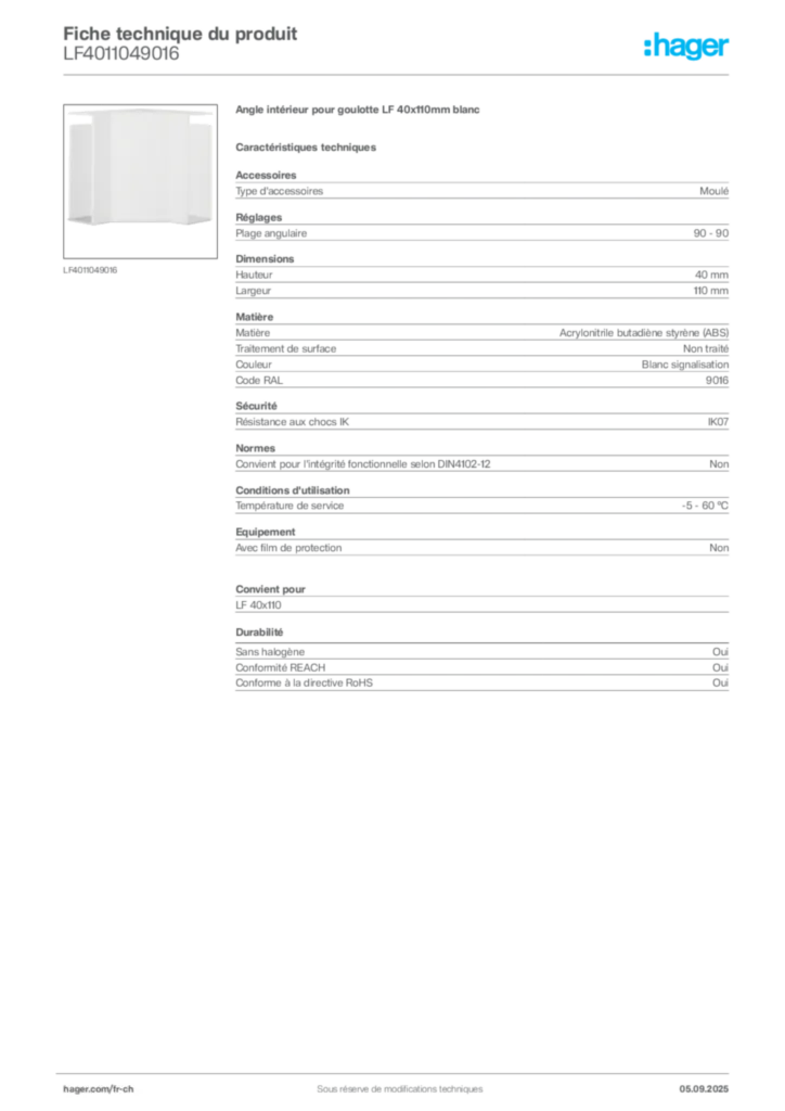 Image Hager Fiche technique du produit LF4011049016 | Hager Suisse