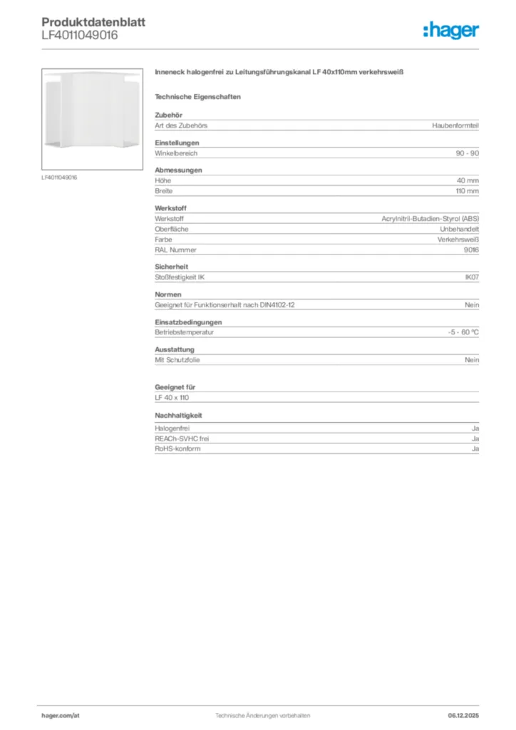 Bild Hager Produktdatenblatt LF4011049016 | Hager Deutschland