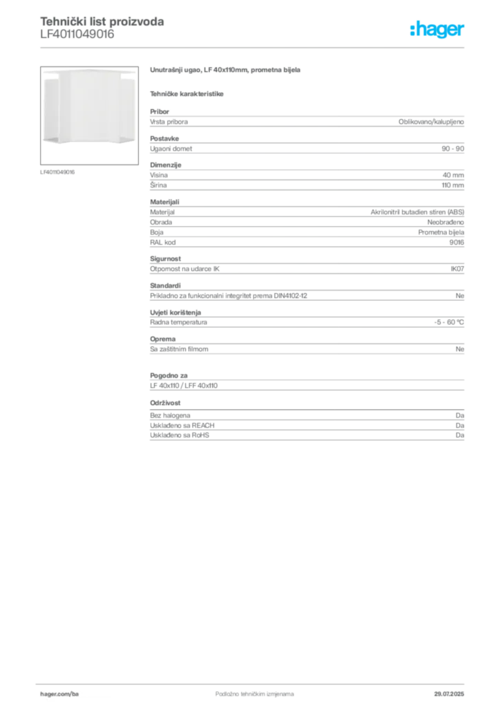 Slika Hager Product data sheet LF4011049016  | Hager