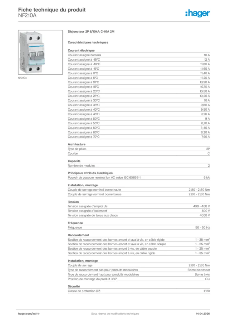 Image Hager Fiche technique du produit NF210A | Hager Afrique