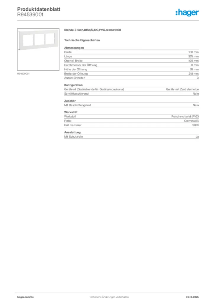 Bild Hager Produktdatenblatt R94539001 | Hager Deutschland