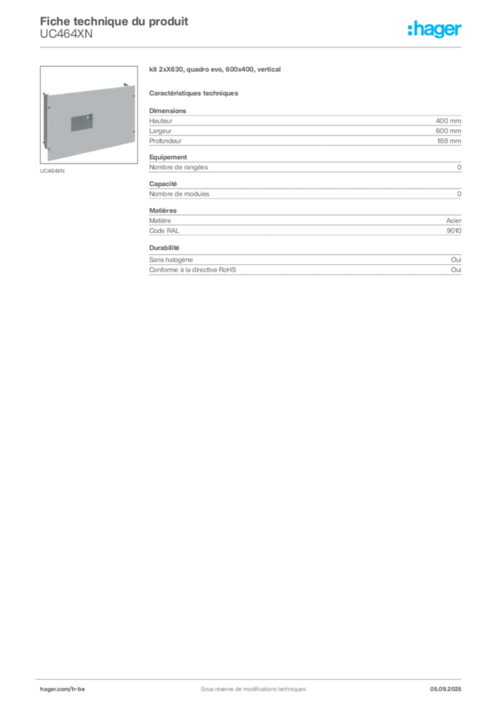Image Hager Fiche technique du produit UC464XN | Hager Belgique