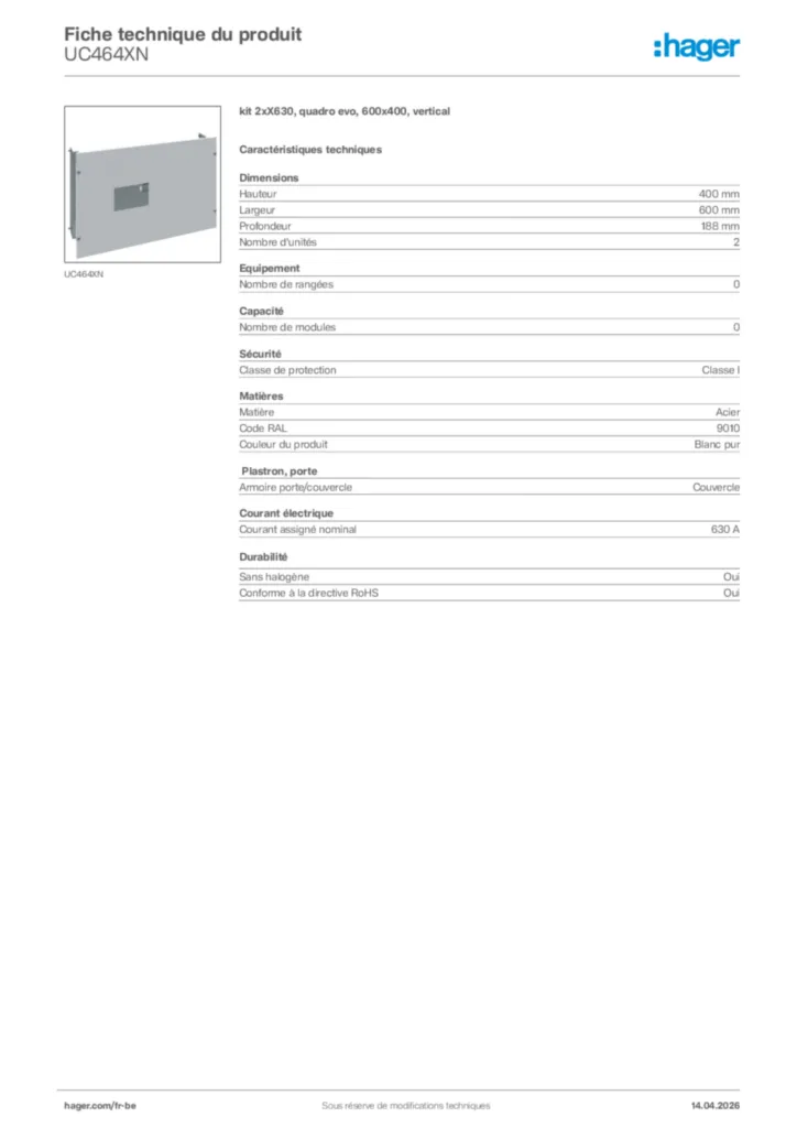 Image Hager Fiche technique du produit UC464XN | Hager Belgique