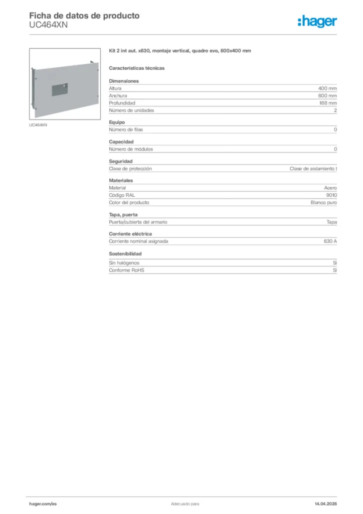 Imagen Hager Ficha de datos de producto UC464XN | Hager España