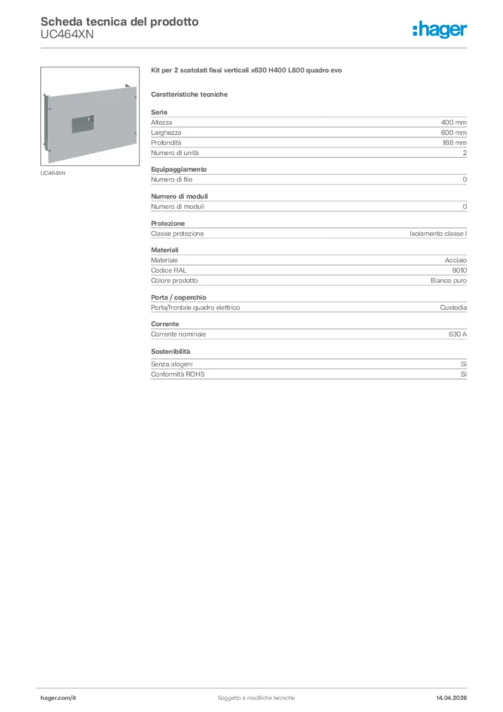 Immagine Hager Scheda tecnica del prodotto UC464XN | Hager Italia