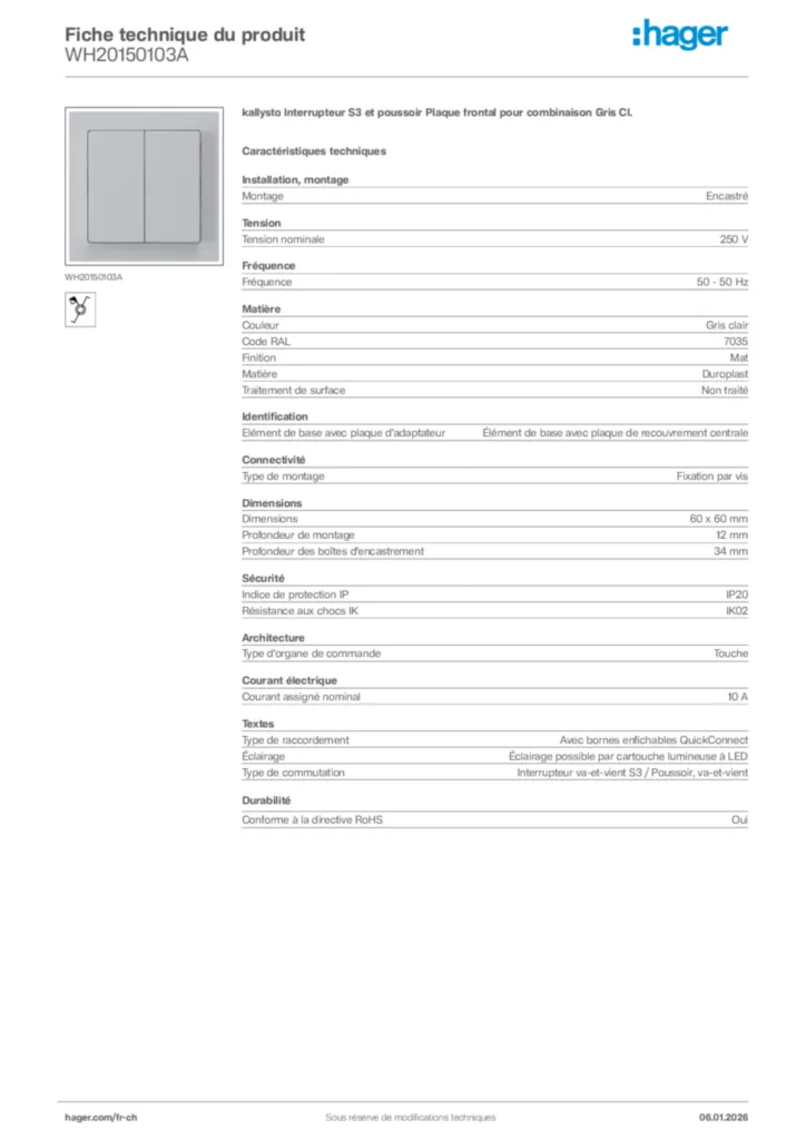 Image Hager Fiche technique du produit WH20150103A | Hager Suisse