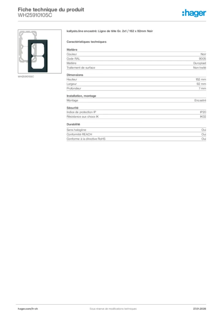 Image Hager Fiche technique du produit WH25910105C | Hager Suisse
