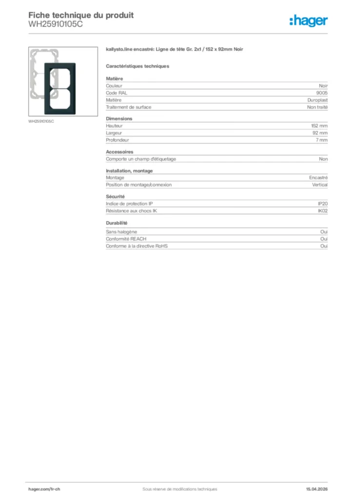 Image Hager Fiche technique du produit WH25910105C | Hager Suisse