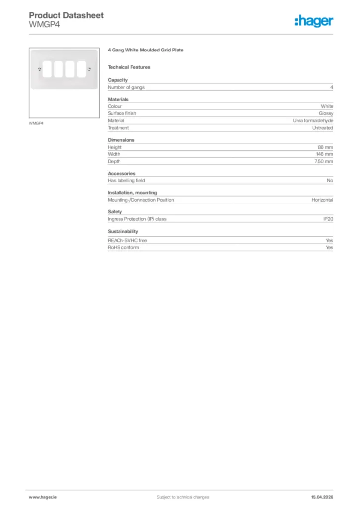 Image Hager Product data sheet WMGP4  | Hager
