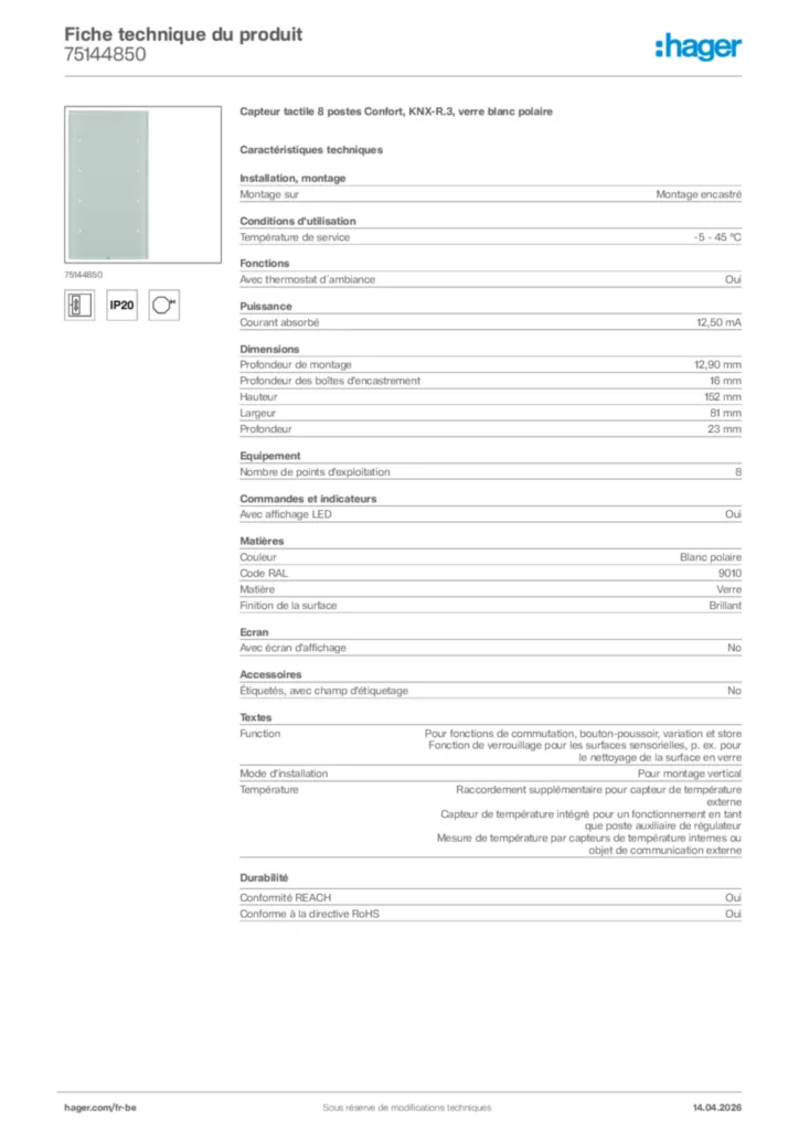 Image Hager Fiche technique du produit 75144850 | Hager Belgique