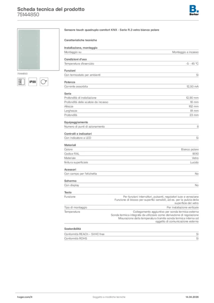 Immagine Berker Scheda tecnica del prodotto 75144850 | Hager Italia