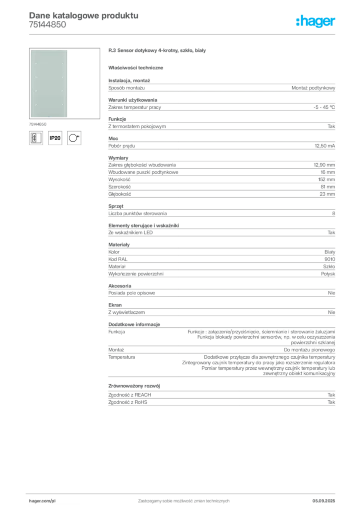 Zdjęcie Hager Dane katalogowe produktu 75144850 | Hager Polska