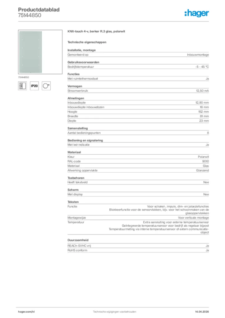 Afbeelding Hager Productdatablad 75144850 | Hager Nederland