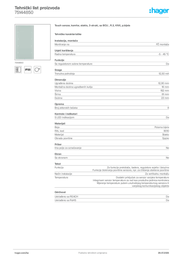 Slika Hager Product data sheet 75144850  | Hager