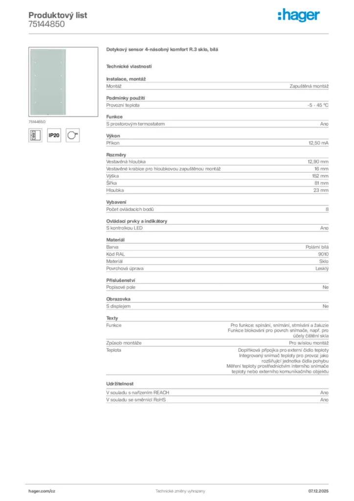 Obrázek Hager Product data sheet 75144850 | Hager