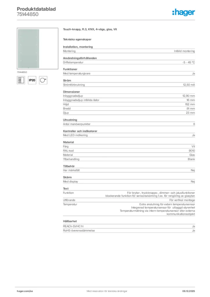 Bild Hager Produktdatablad 75144850 | Hager Sverige