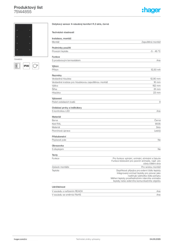 Obrázek Hager Produktový list 75144855 | Hager