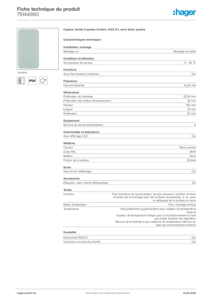 Image Hager Fiche technique du produit 75144860 | Hager Belgique