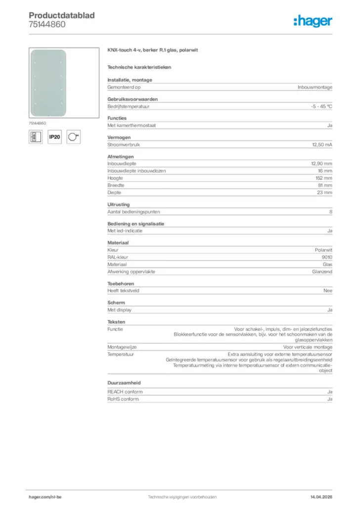 Afbeelding Hager Productdatablad 75144860 | Hager Belgium