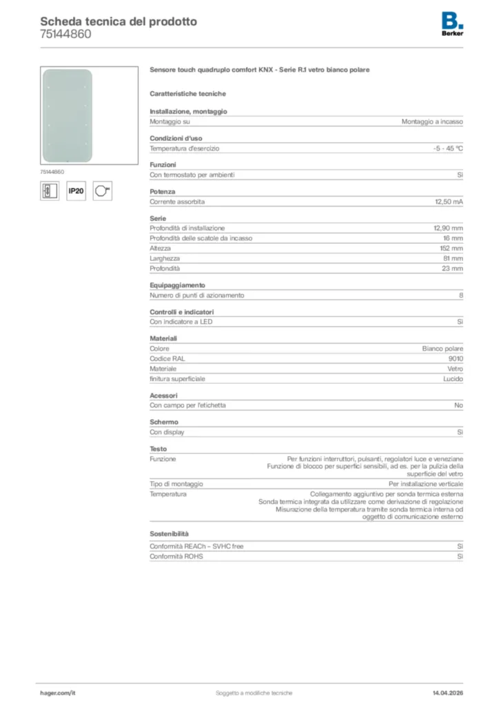 Immagine Berker Scheda tecnica del prodotto 75144860 | Hager Italia