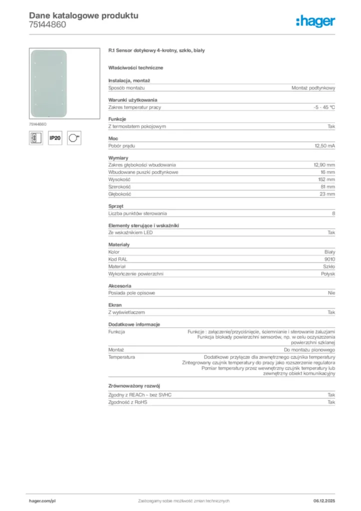 Zdjęcie Hager Karta katalogowa 75144860 | Hager Polska