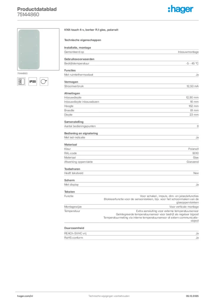 Afbeelding Hager Productdatablad 75144860 | Hager Nederland