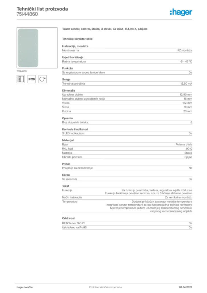 Slika Hager Tehnički list proizvoda 75144860  | Hager