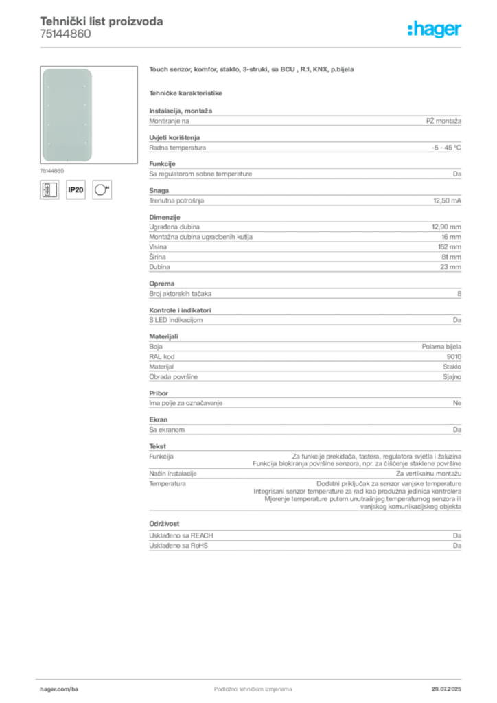 Slika Hager Product data sheet 75144860  | Hager