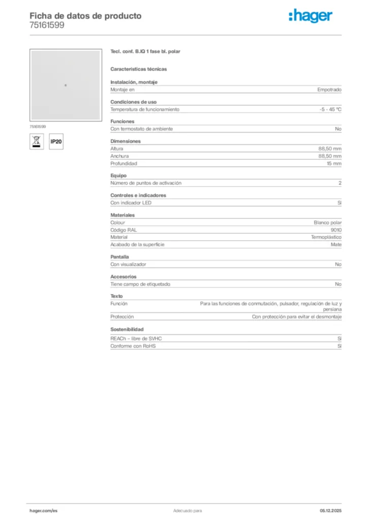 Imagen Hager Ficha de datos de producto 75161599 | Hager España