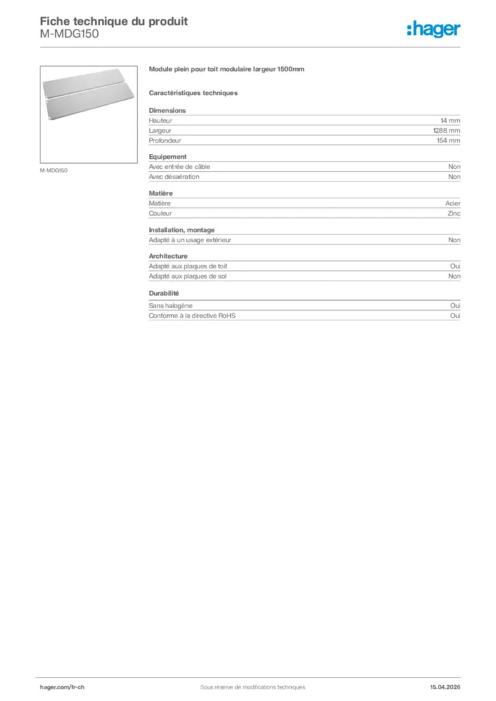 Image Hager Fiche technique du produit M-MDG150 | Hager Suisse