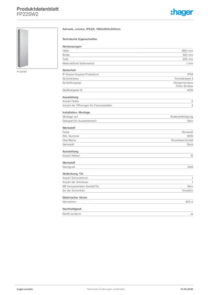 Bild Hager Produktdatenblatt FP22SW2 | Hager Deutschland