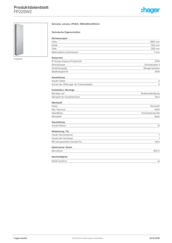 Bild Hager Produktdatenblatt FP22SW2 | Hager Deutschland