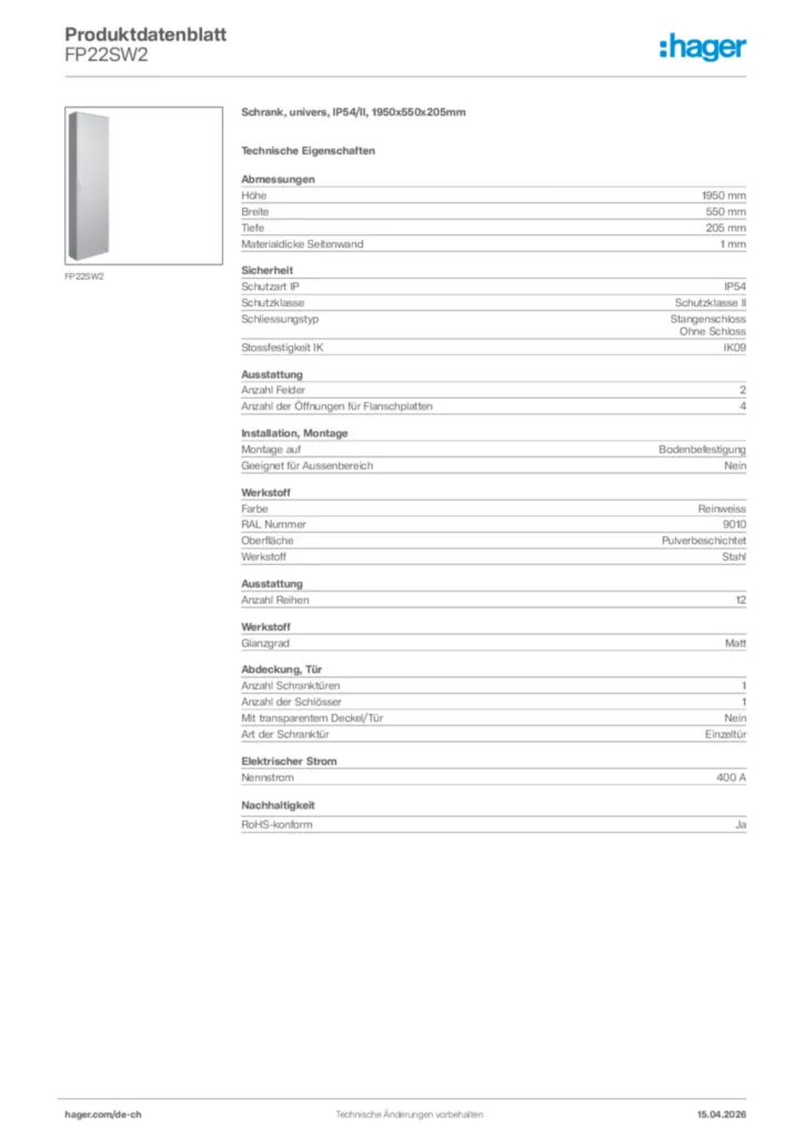 Bild Hager Produktdatenblatt FP22SW2 | Hager Schweiz