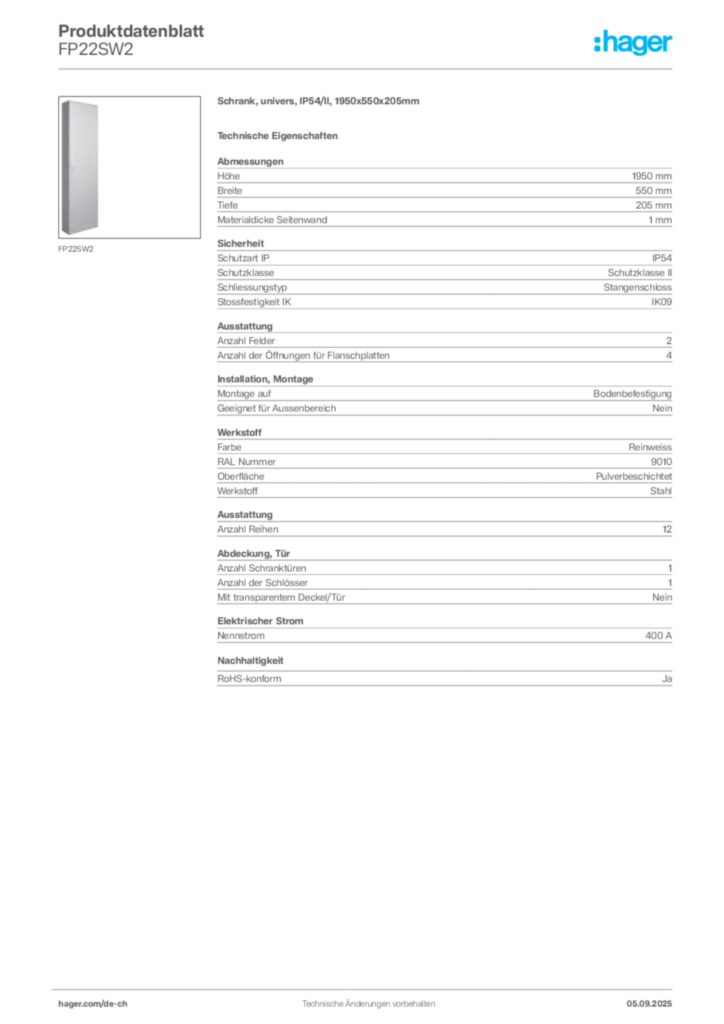Bild Hager Produktdatenblatt FP22SW2 | Hager Schweiz