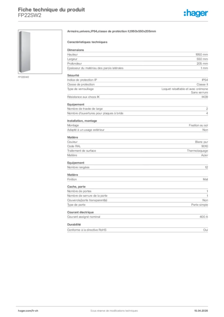 Image Hager Fiche technique du produit FP22SW2 | Hager Suisse