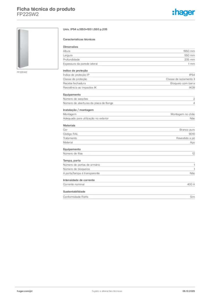 Imagem Hager Ficha técnica do produto FP22SW2 | Hager Portugal